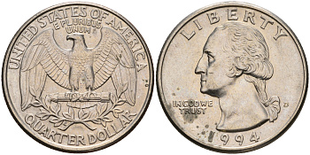 США 25 центов (квотер) 1994 D, Вашингтон KM А164а медь плакированная медно-никелем    4603-1011
