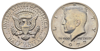 США 1/2 доллара (50 центов) 1972 D, Джон Кеннеди KM 202b медь плакированная медно-никелем UNC 4672-531