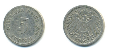 ГЕРМАНИЯ 5 ПФЕННИГОВ 1899 A, KM 11, J. 12 медно-никель 4379-513