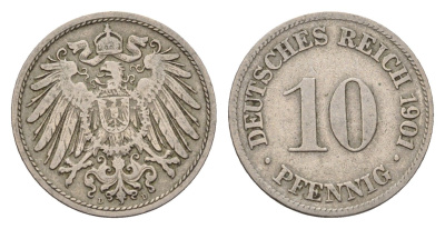 Германия 10 пфеннигов 1901 D, Вильгельм II (1888-1918) KM 12, J. 13 медно-никель 4636-836