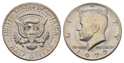 США 1/2 доллара (50 центов) 1972 D, Джон Кеннеди KM 202b медь плакированная медно-никелем UNC 4672-531
