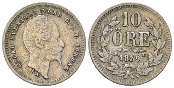 Швеция 10 эре 1859 ST, Оскар I (1844-1859) KM 683 серебро 4611-349
