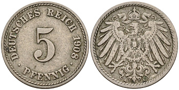 Германия 5 пфеннигов 1908 F KM 11, Jager 12, Weege 6 медно-никель 4151-469