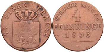 Пруссия 4 пфеннига 1836 D, Фридрих Вильгельм III (1797-1840) KM 412, AKS 32 медь 117-1135