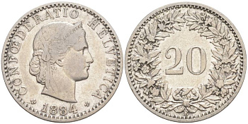 ШВЕЙЦАРИЯ 20 РАППЕНОВ 1884 В KM 29 никель 55-555