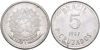 Бразилия 5 крузадо 1987 реформа (1986-1989) KM 606 нержавеющая сталь 33-1151