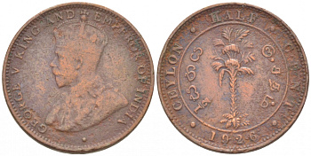 ЦЕЙЛОН 1/2 ЦЕНТА 1926 ГЕОРГ V KM 106 медь 112-251