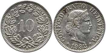 Швейцария 10 раппенов 1932 B KM 27b никель     4539-432