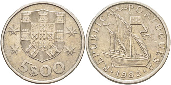 ПОРТУГАЛИЯ 5 ЭСКУДО 1983 ПАРУСНИК KM 591 медно-никель 4523-555