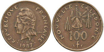 Французская Новая Каледония 100 франков 1987 хижина среди сосен и пальм, (IEOM) KM 15, Schoen 16, Lec 135 никель латунь 4137-941
