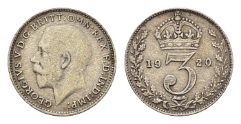 Великобритания 3 пенса 1920 Георг V (1910-1936) KM 813a, Spink 4016 серебро 4644-312