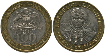 Чили 100 песо 2012 So KM 236, Schon 84 биметалл 4544-237