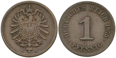 Германия 1 пфенниг 1875 С, Вильгельм I (1871-1888) KM 1, J. 1 медь 4547-228