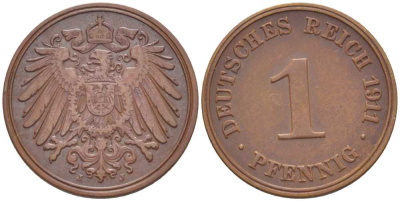 ГЕРМАНИЯ 1 ПФЕННИГ 1911 D KM 10, J. 10, Weege 2 медь 211-441