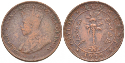 ЦЕЙЛОН 1/2 ЦЕНТА 1926 ГЕОРГ V KM 106 медь 112-251