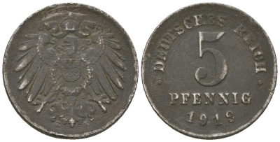 Германия 5 пфеннигов 1919 D KM 19, AKS 17, J 297, Schon DM 20, Neum 33 железо 4588-457