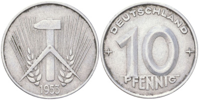 ГДР 10 пфеннигов 1953 A KM 7 алюминий 4613-949