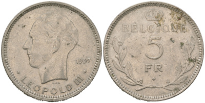 Бельгия 5 франков 1937 Belgique, Леопольд III (1934-1951) KM 108 никель 4140-422