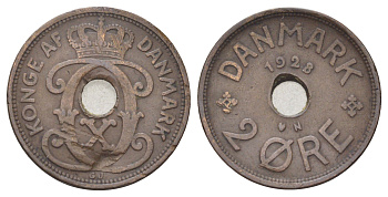 Дания 2 эре 1928 N, Кристиан X (1912-1947) KM 827 бронза 4701-724