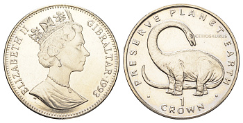 Гибралтар 1 крона 1993 Заповедник планета Земля - Цетиозавр (динозавр) KM 149 медно-никель BU 1524-1625