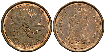 Канада 1 цент 1988 Елизавета II (1953-), кленовый лист KM 132 бронза 4173-1165