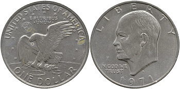 США 1 доллар 1971 D, Президент Эйзенхауэр, лунный орел KM 203 медь плакированная медно-никелем 118-715