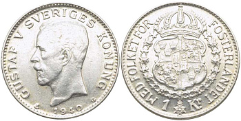 Швеция 1 крона 1940 G, Густав V (1907-1950) KM 786.2 серебро 119-1112