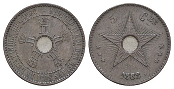Бельгийское Конго 5 сантимов 1888 Свободное государство Конго, Леопольд II (1865-1909) KM 3 медь 4127-434