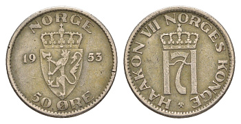 Норвегия 50 эре 1953 Хокон VII (1905-1957) KM 402 медно-никель 4620-234