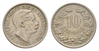 Люксембург 10 сантимов 1901 Адольф (1890-1905) KM 25 медно-никель 4625-818