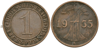 Германия 1 рейхспфенниг 1935 A KM 37, J. 313 бронза 4189-1257