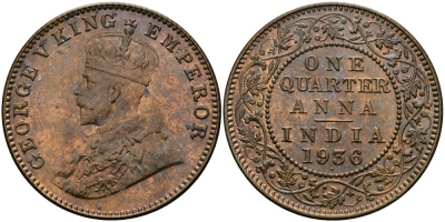 Британская Индия 1/4 анна 1936 Георг V (1910-1936) KM 512 бронза UNC 94-233
