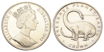 Гибралтар 1 крона 1993 Заповедник планета Земля - Цетиозавр (динозавр) KM 149 медно-никель BU 1524-1625