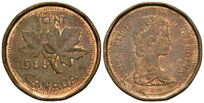 Канада 1 цент 1988 Елизавета II (1953-), кленовый лист KM 132 бронза 4173-1165