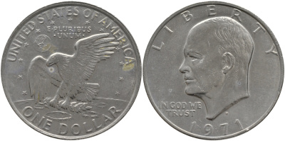 США 1 доллар 1971 D, Президент Эйзенхауэр, лунный орел KM 203 медь плакированная медно-никелем 118-715