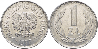 ПОЛЬША 1 ЗЛОТЫЙ 1977 MW KM 49.1 алюминий UNC 175-1152