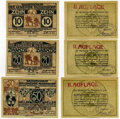Австрия, Нуссендорф набор из 3 банкнот 10, 20, 50 геллеров 1920 30 сентября 1920, нотгельд, AUFLAGE II   бумага  аUNC  7555-28-3-1