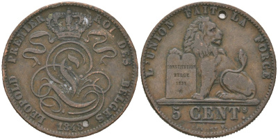 Бельгия 5 сантимов 1818 Леопольд I (1831-1865) KM 5.1 медь 113-1031