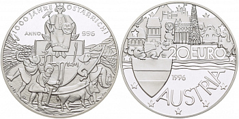 Австрия 20 евро 1996 1000 лет Австрии серебро PROOF 04-315-44