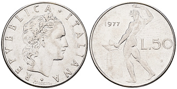 Италия 50 лир 1977 R, бог огня Вулкан у наковальни KM 95.1 нержавеющая сталь 259-135