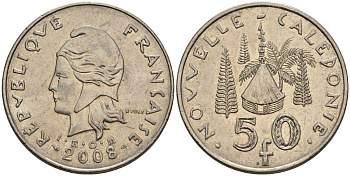 Французская Новая Каледония 50 франков 2008 хижина среди сосен и пальм, (IEOM) KM 13a, Schoen 15a, Lec 128i медно-никель 4111-441