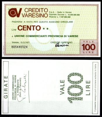 Италия 100 лир 1977 банковский чек - Credito Varesino бумага UNC (пресс) 7201-3-3
