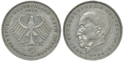 ФРГ 2 МАРКИ 1974 J, КОНРАД АДЕНАУЭР KM 124, J. 406 медно-никель плакированный никелем плакированный никелем UNC 72-455