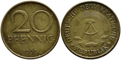 ГДР 20 пфеннигов 1969 А, первый год KM 11 латунь UNC 4397-445