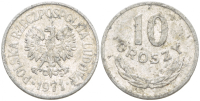 ПОЛЬША 10 ГРОШЕЙ 1971 MW KM АА47 алюминий 4549-265