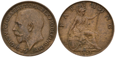 Великобритания 1 фартинг 1921 Георг V (1910-1936), светлая отделка KM 808.2, Spink 4060 бронза 4158-519