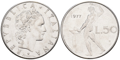 Италия 50 лир 1977 R, бог огня Вулкан у наковальни KM 95.1 нержавеющая сталь 259-135
