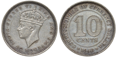 Британская Малайя 10 центов 1943 Георг VI (1937-1952) KM 4a серебро 53-251