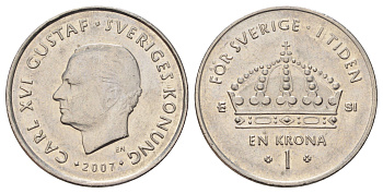 Швеция 1 крона 2007 Карл XVI Густав (1973-) KM 894 медно-никель 4671-422