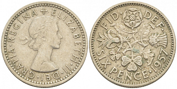 Великобритания 6 пенсов 1957 Елизавета II (1952-2022) KM 903, Spink 4149 медно-никель 214-1063